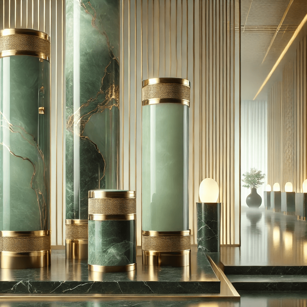 ChatGPT created image of gold, jade pillars in a modern style.